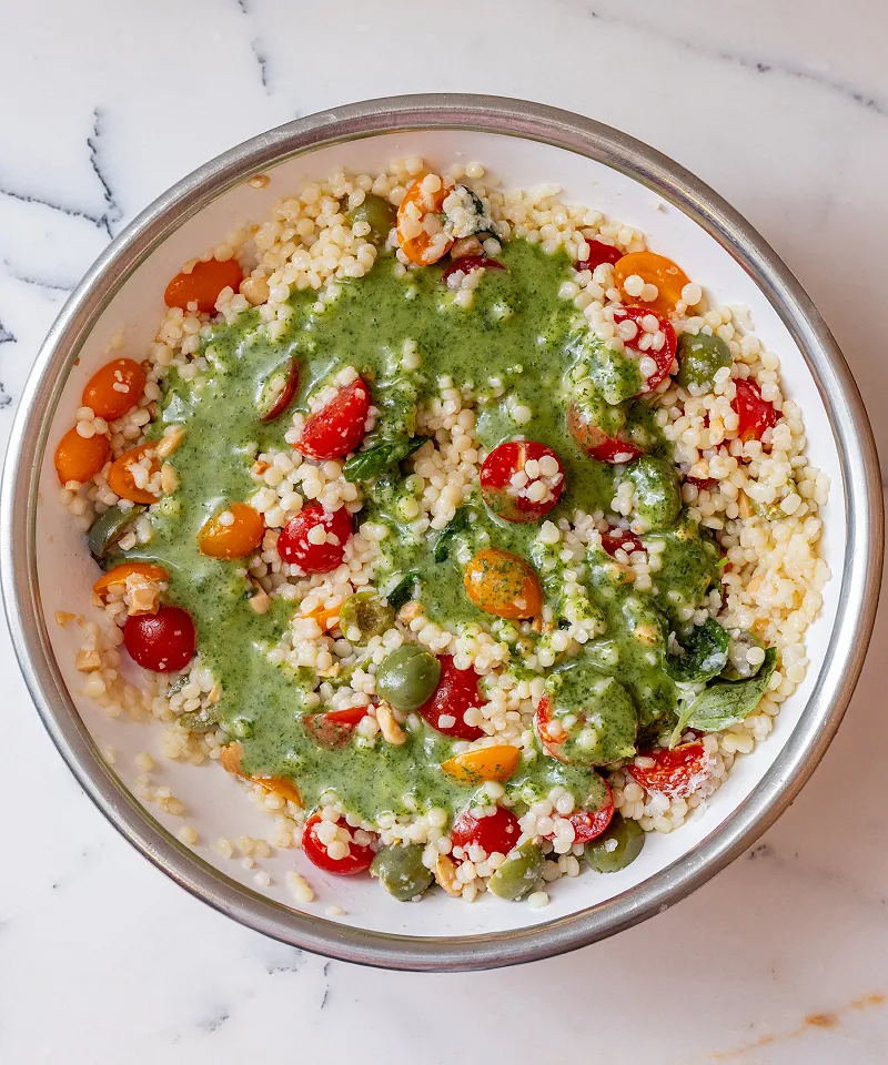 Finish pasta salad with basil vinaigrette