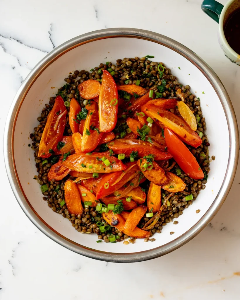 Serve roasted vegetables on lentils