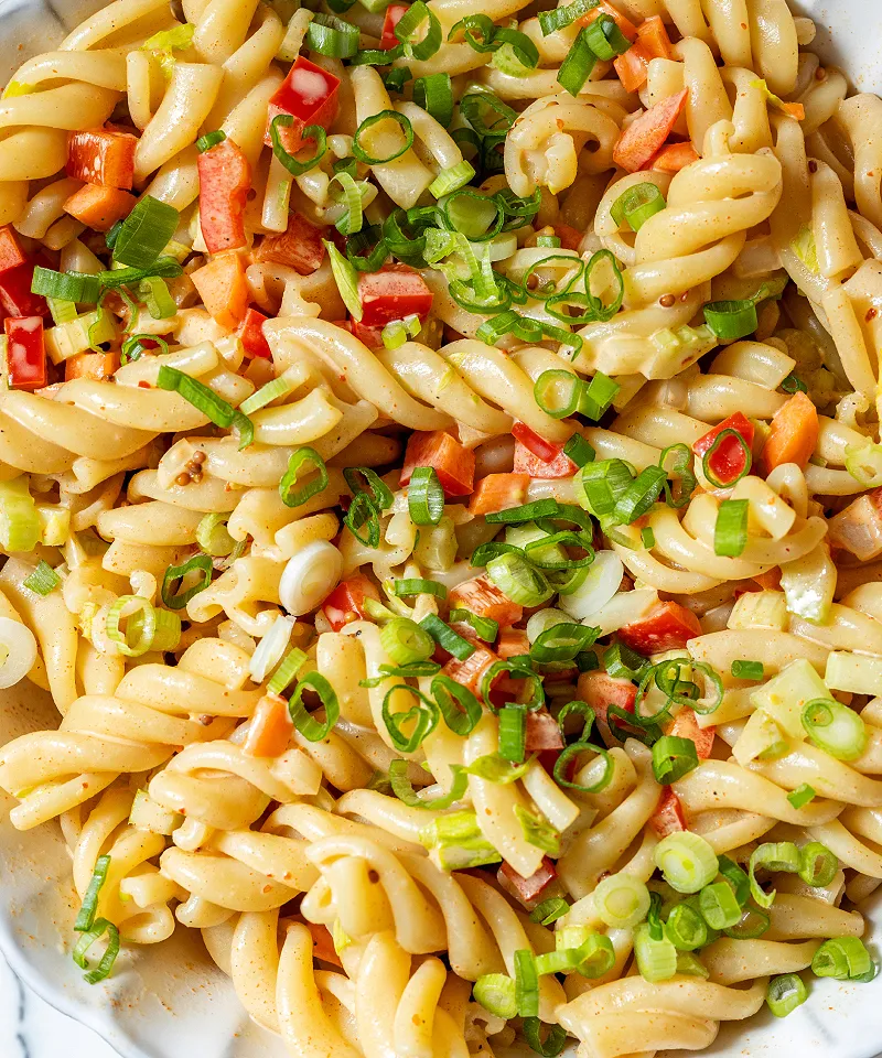 Vegan pasta salad with plant based mayonnaise