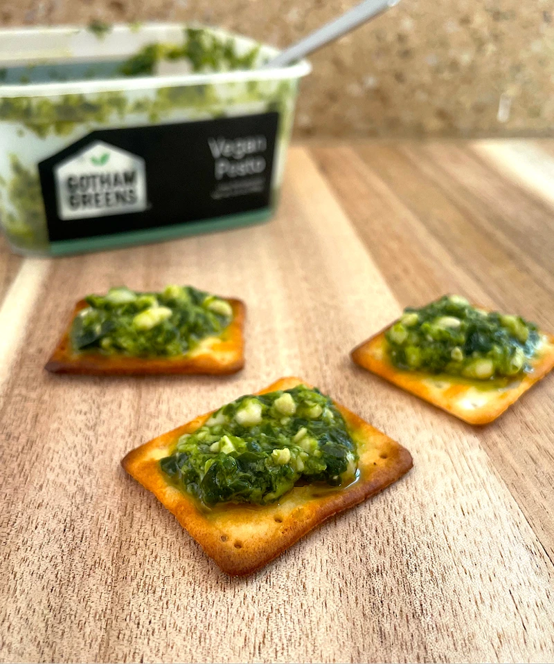 Gotham Greens Vegan Pesto On Crackers With Container
