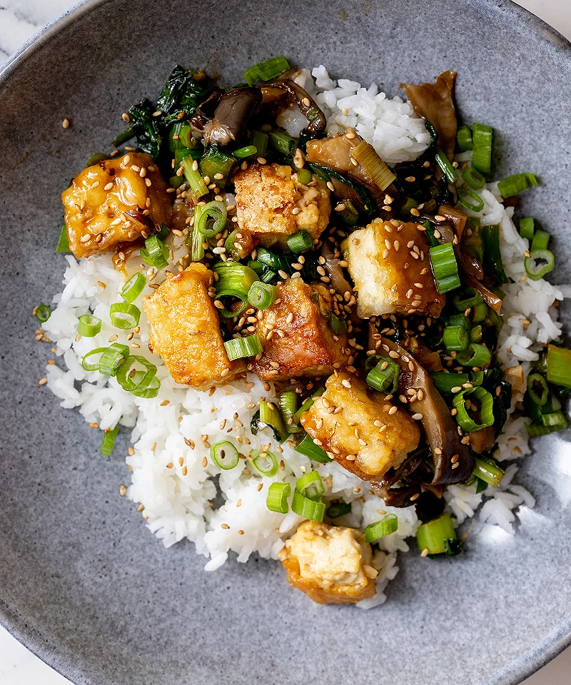 Crisp tofu with yu choy