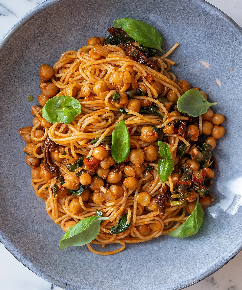Vegan sun dried tomato pasta with capers