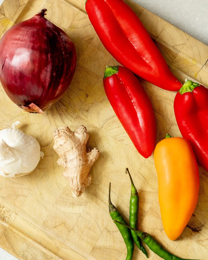 Peppers garlic and onion ginger