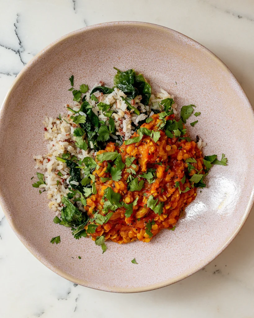 Red lentils with rice and greens
